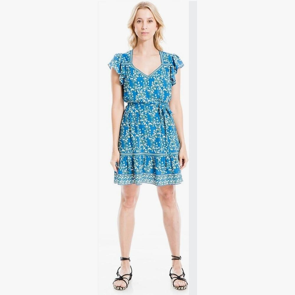 Max Studio Women XL Blue Ditsy Floral Flutter Sleeve Tie Belt A-line Dress